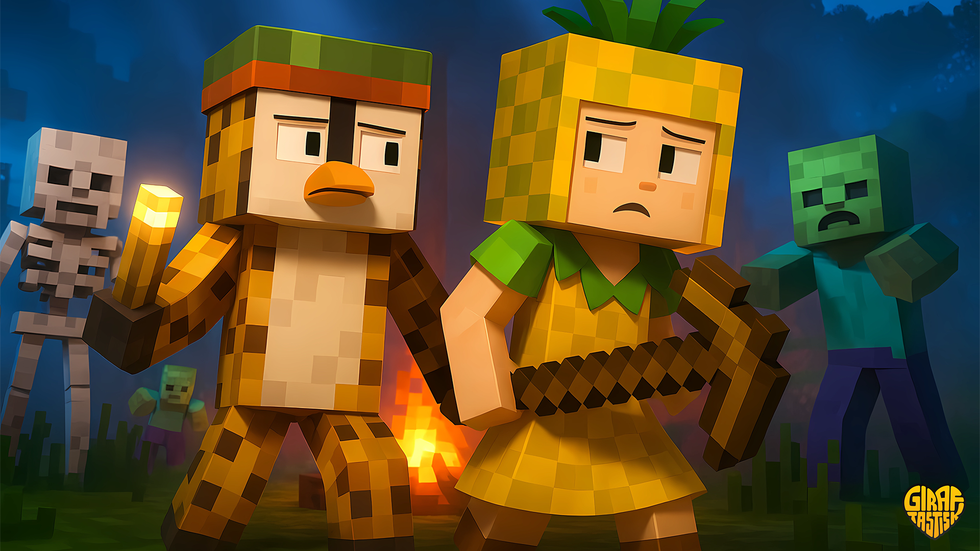 Girafpingvin spiller Minecraft med Ananas